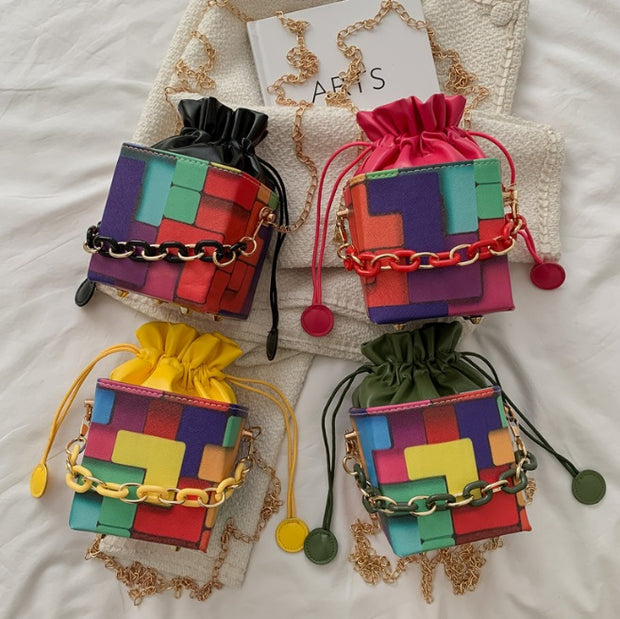 2023 New-Chain Strap Color Block Bucket Bag