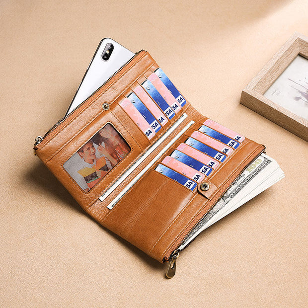 Men's Genuine Leather RFID Multi Card Slots Double Zippers Long Wallet - Marfuny