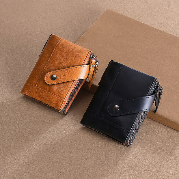 Men's Genuine Leather RFID Multi Card Slots Double Zippers Wallet - Marfuny