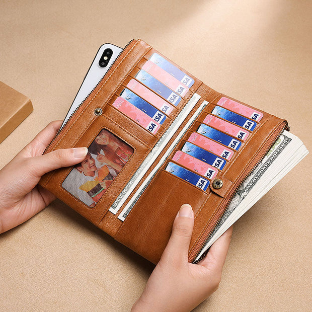 Men's Genuine Leather RFID Multi Card Slots Double Zippers Long Wallet - Marfuny