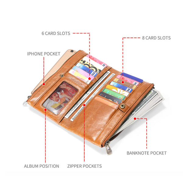 Men's Genuine Leather RFID Multi Card Slots Double Zippers Long Wallet - Marfuny