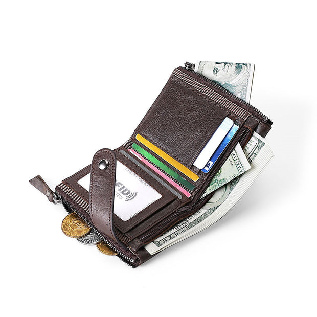 Men's Genuine Leather RFID Multi Card Slots Double Zippers Wallet - Marfuny