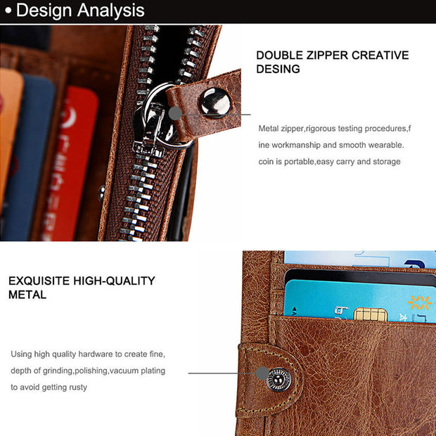 Men's Vintage Genuine Leather RFID Multi Card Slots Double Zippers Short Wallet - Marfuny