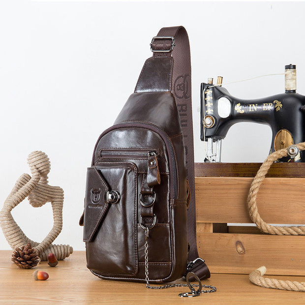Genuine Leather With Chain Men's Chest Bag