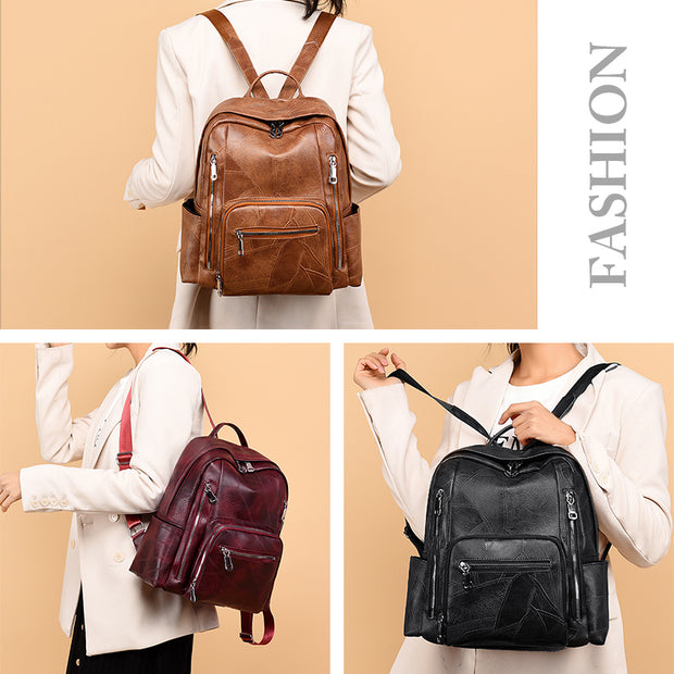 Casual Leather Multi-Pocket Ladies Backpack