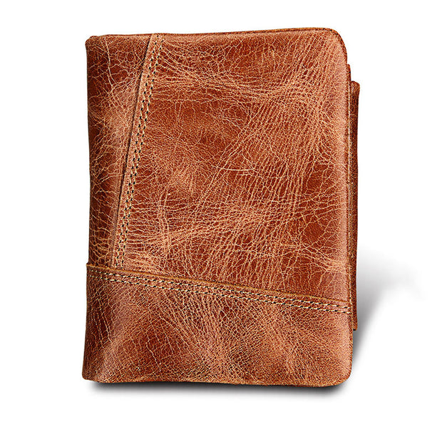 Men's Vintage Genuine Leather RFID Multi Card Slots Double Zippers Short Wallet - Marfuny