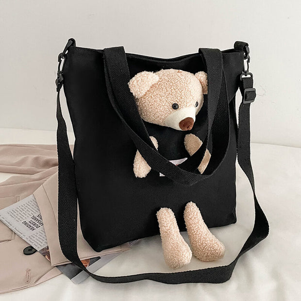 2-in-1 Casual Canvas Handbags With Bear Doll / Cow Doll